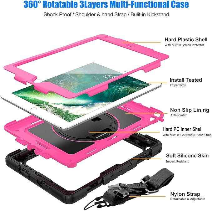 SEYMAC stock Case for iPad 6th / 5th Generation Case/Air 2 / Pro 9.7 inch, Heavy Duty Protective with Screen Protector, with Pencil Holder, Hand Strap, Shoulder Strap, 360 Rotate Stand, Pink+Black