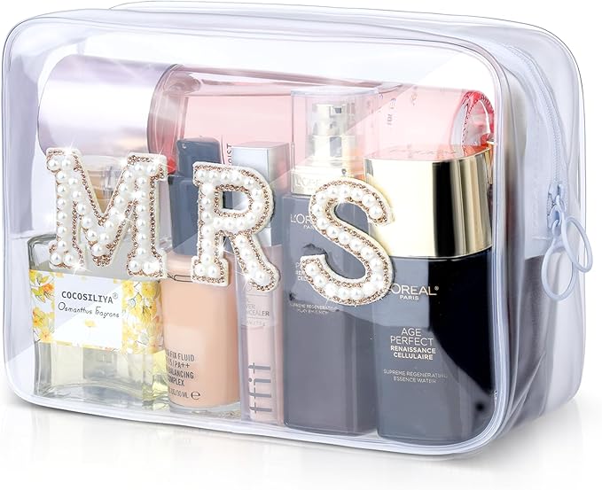 Etercycle MRS Clear Cosmetic Bag, Bachelorette Gifts for Bride Makeup Bag, Portable PVC Travel Toiletry Bag Bling Pearl Rhinestone Patch Letter Bags for Engagement Party Women Wedding Bridal (Gold)