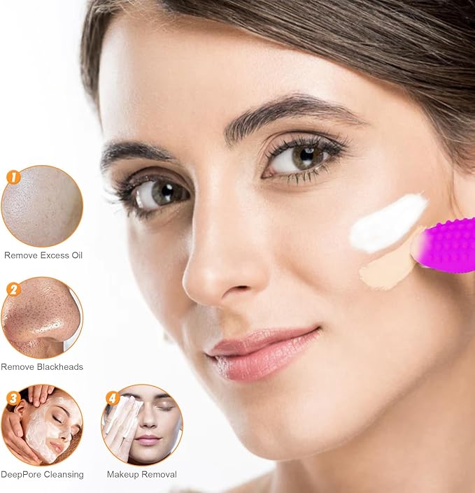 Pore Cleansing Silicone Facial Brush | Face Scrubber & Massager for Blackhead & Whitehead Removal, Sebum Reduction, Gentle Exfoliation & Clearer Skin | Suitable for All Skin Types,Fuchsia,2pc