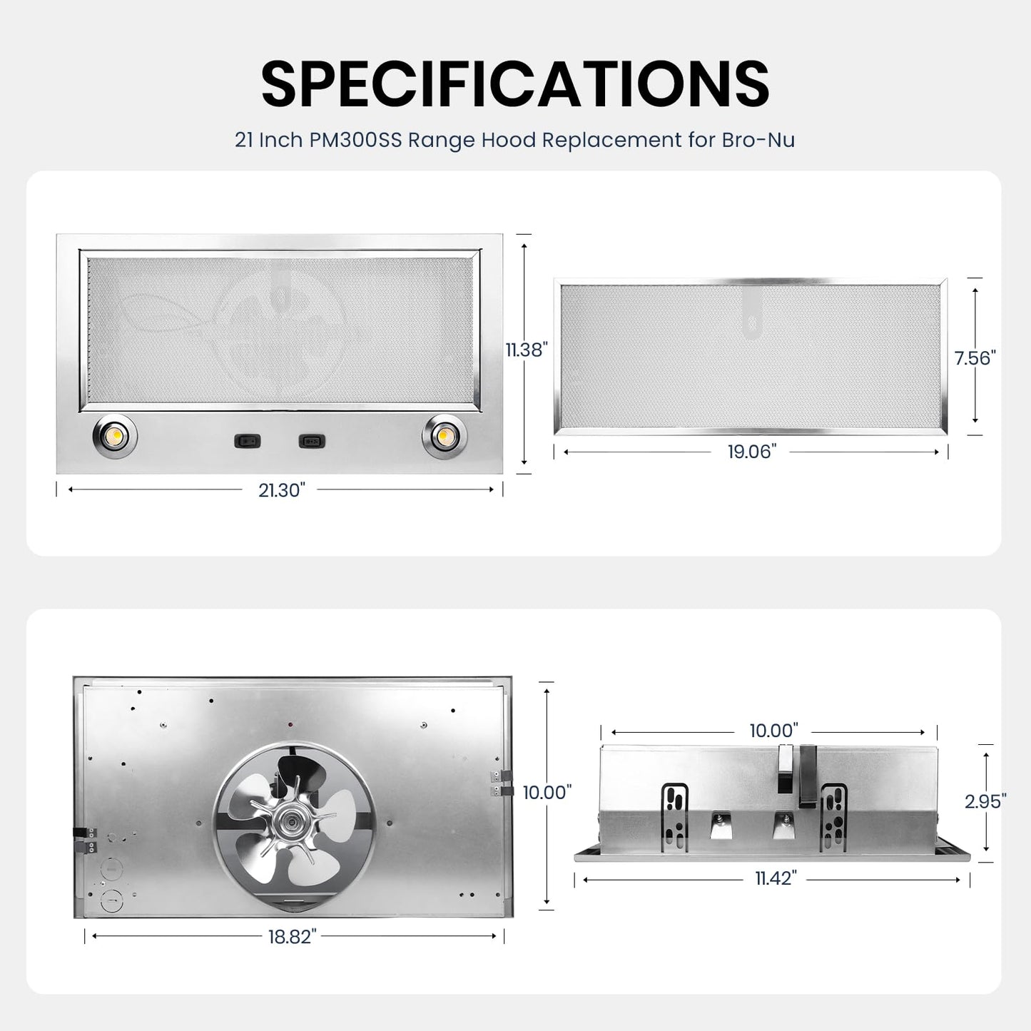 Upgraded PM300SS 21 Inch Insert Range Hood - Max 300 CFM Airflow, Custom Power Pack Vent Insert with 2-Speed Exhaust Fan & LED Light