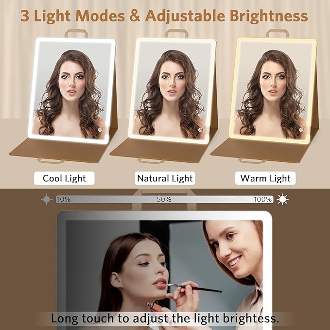 WEILY Large-Sized Makeup Mirror with 72 LED Lights, Touch Screen Three Colors Dimmable Lighted Makeup Mirror, 2000 mAh USB Rechargeable Lighted Vanity Mirror,Compact Travel Mirror (Khaki)