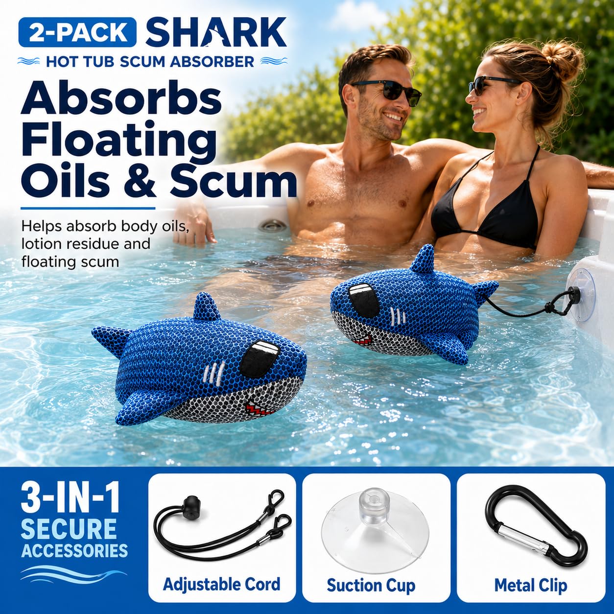 ZYIDBNG Shark Hot Tub Scum Absorber Reusable Washable Hot Tub Sponge Scum Absorber for Spa Hot Tub Oil Scum Absorber Spa Accessories for Adults (2 Pack, Shark)