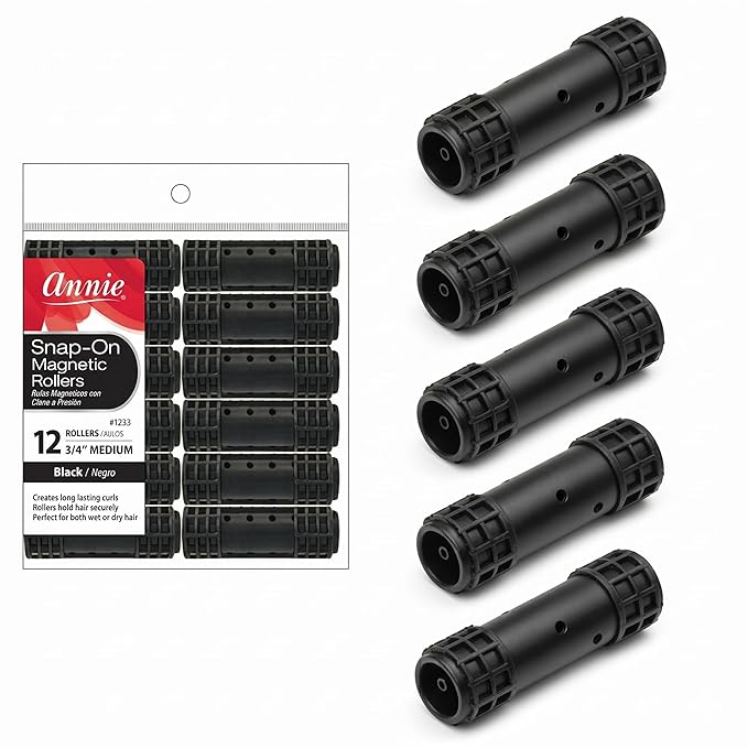 Annie Snap-On Magnetic Hair Rollers, Medium 3/4 Inch, 12 Count, Black Curlers for Curls & Waves, Easy Fast Setting, Secure Comfortable Fit for Dry or Damp Styling