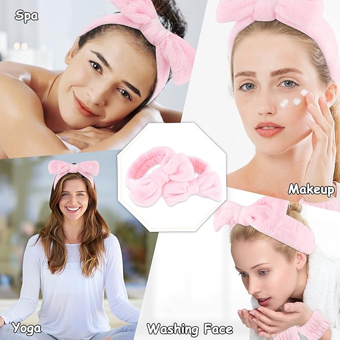 Casoty 6 Pcs Pink Spa Headband and Wristband Set, Microfiber Material, Strong Elasticity, Wide Application for Makeup, Yoga, Reading, Work, Halloween Costume, Pajama Parties, Mother's Day Gift