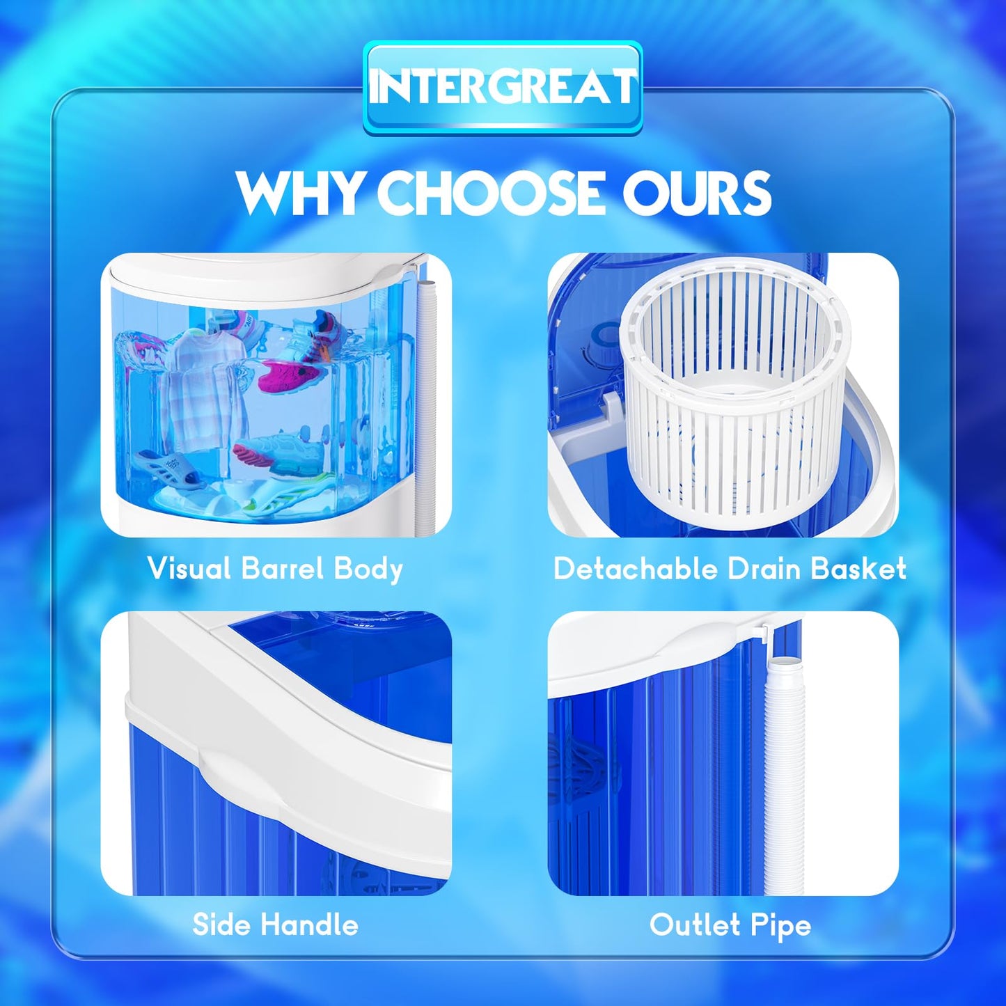 INTERGREAT Portable Washing Machine, 6.6 Lbs Mini Washer Machine, Single Tub Laundry Small Washer for Apartments, Dorms, RV, Traveling (Blue)