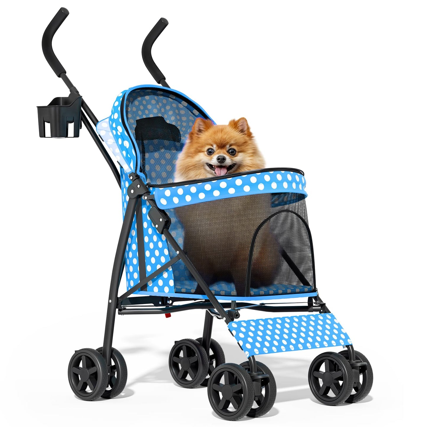 MoNiBloom 4 Wheels Pet Stroller, Easy-Fold Umbrella Shaped Dog Cat Jogger Stroller w/Storage Bag & Visible Mesh for Small/Medium Dogs Cats Sky Blue Polka Dots