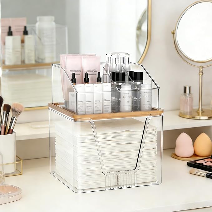 2 in 1 Disposable Facial Towel Holder and Cosmetic Organizer, Clear Storage with Bamboo Lid Compatible with Clean Skin Club Towel XL, Stackable Vanity Organizer for Bathroom Vanity Counter (2 Pack)