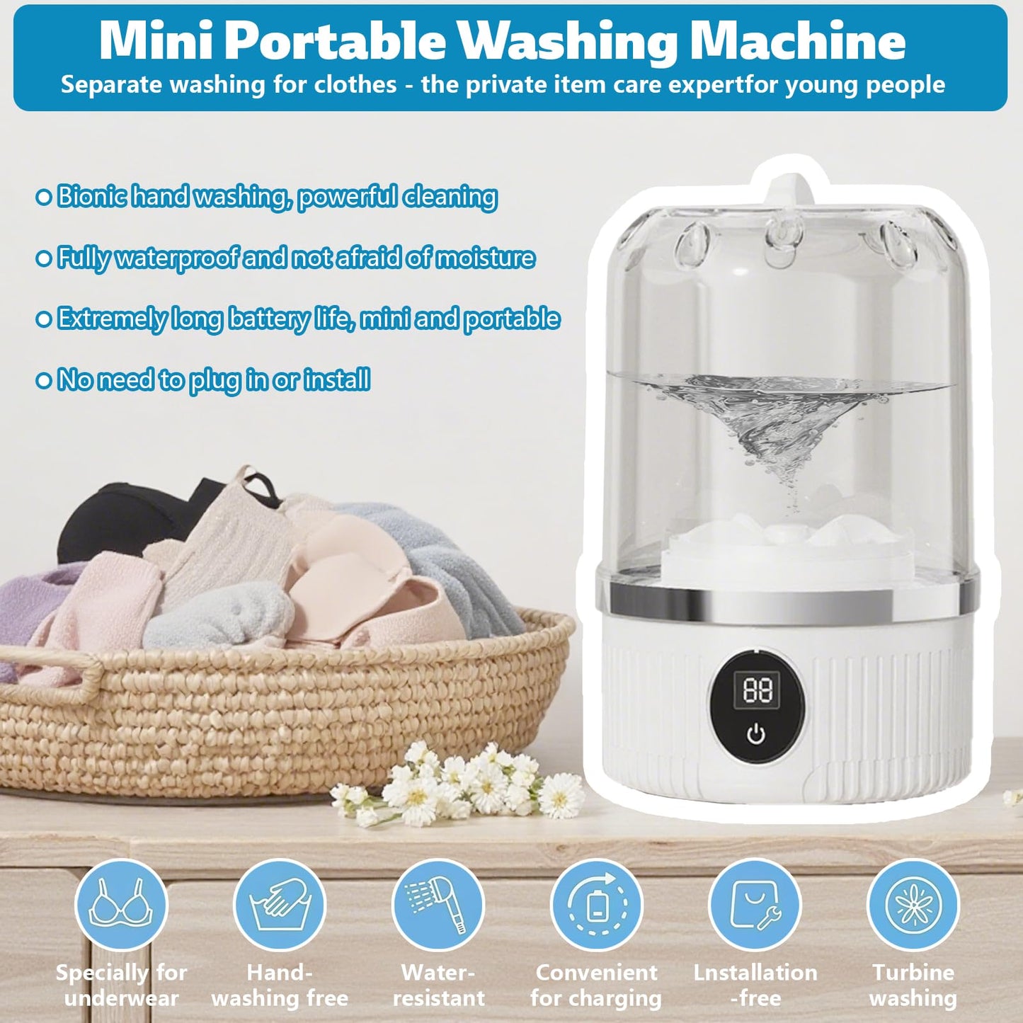 Portable Washing Machine, Underwear Washer, Small Washing Machines, Mini Washing Rechargeable Cordless Washing-Machine, Laundry Cup for Bra, Underwear, Socks (1 L capacity)