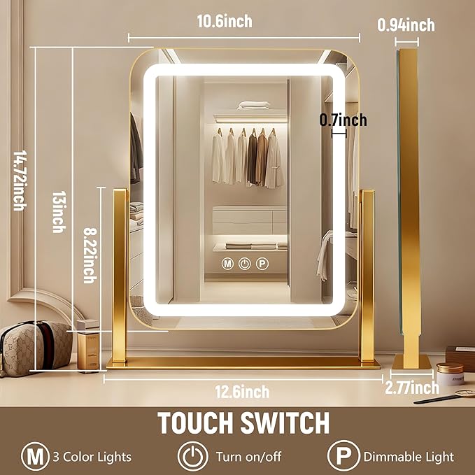Gold Vanity Mirror with Lights 15"×13", Led Makeup Mirror, Lighted Makeup Mirror with 3 Color Dimmable Lights, Smart Touch Screen Control, 360°Rotation