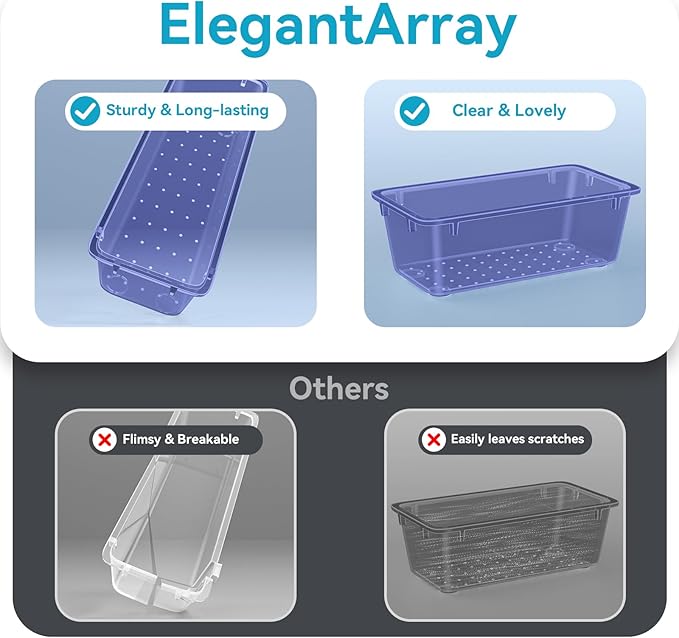 12 PCS Drawer Organizer Set, 4 Sizes Tool Storage Trays, Clear Plastic Makeup Vanity Organizer and Storage Bins for Stationeries, Multiple Gadgets for Office, Bedroom, Navy Blue