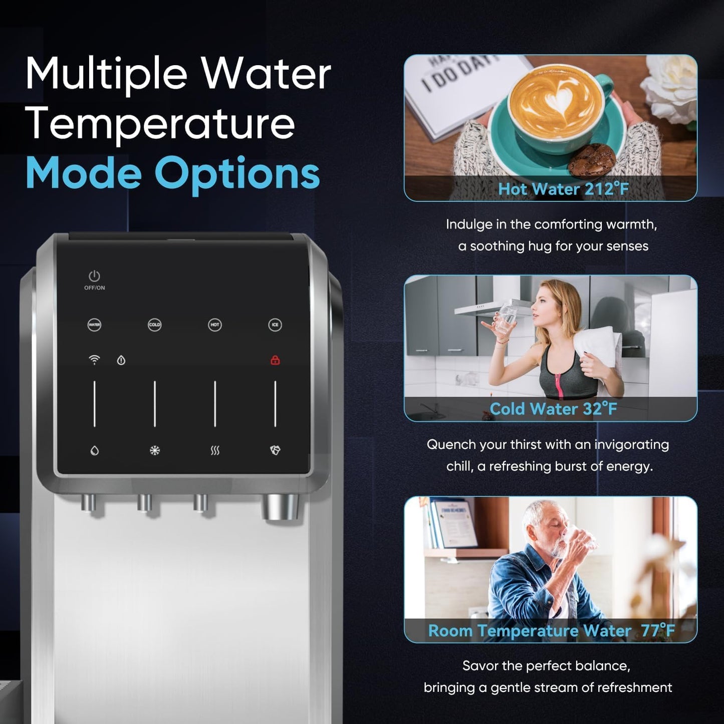 ICEPURE Water Dispenser with Ice Maker, 3-in-1 Hot and Cold Water Cooler with Built-in Bullet Ice Maker Machine, 26.5lbs/24H, Top Loading for 3-5 Gallon Bottle, Child Safety Lock, Black