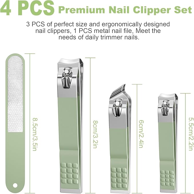 DUCOO Nail Clipper Set, 4 PCS Ultra Sharp Nail Clippers for Men, Women, Adults Toenail Fingernail Clippers, Stainless Steel Nail Cutter & File, Green