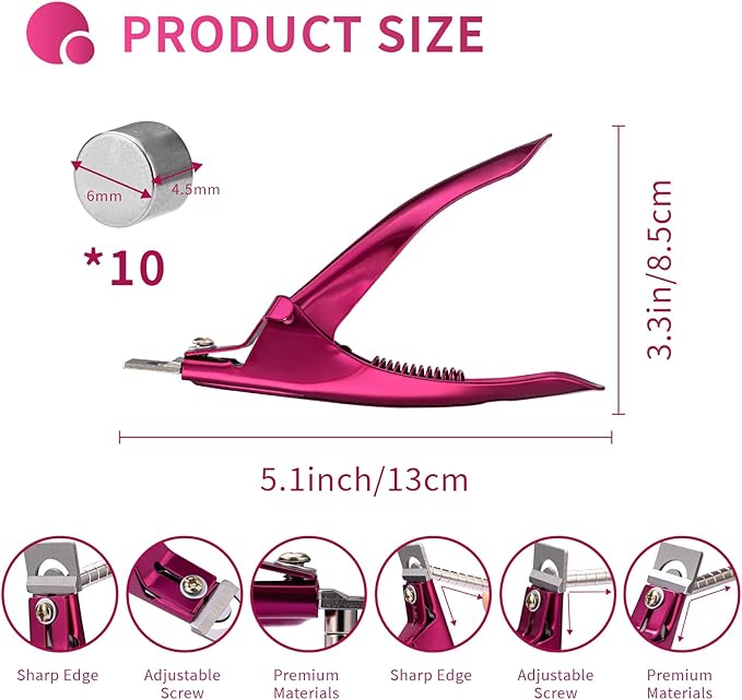 Acrylic Nail Cutter with Magnet Sizer & Length Measurement,Adjustable Stainless Nail Trimmer for Salon Home Nail Art, Professional Nail Clippers for Precise Manicures(Violet Red)