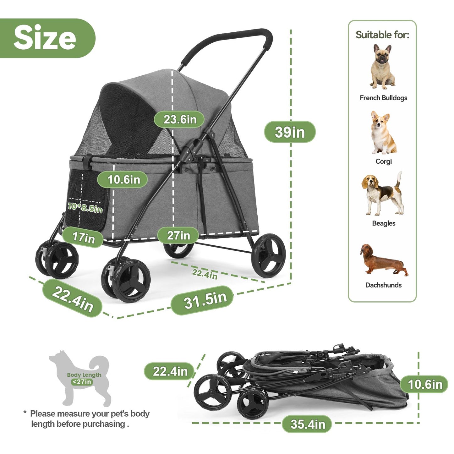 20% Larger Capacity, Wedyvko Dog Stroller for Medium/Small Pets w/Dog Poop Bags & Dispenser, Storage Pouch, Zipperless, Entry in/Out Easy (Grey)