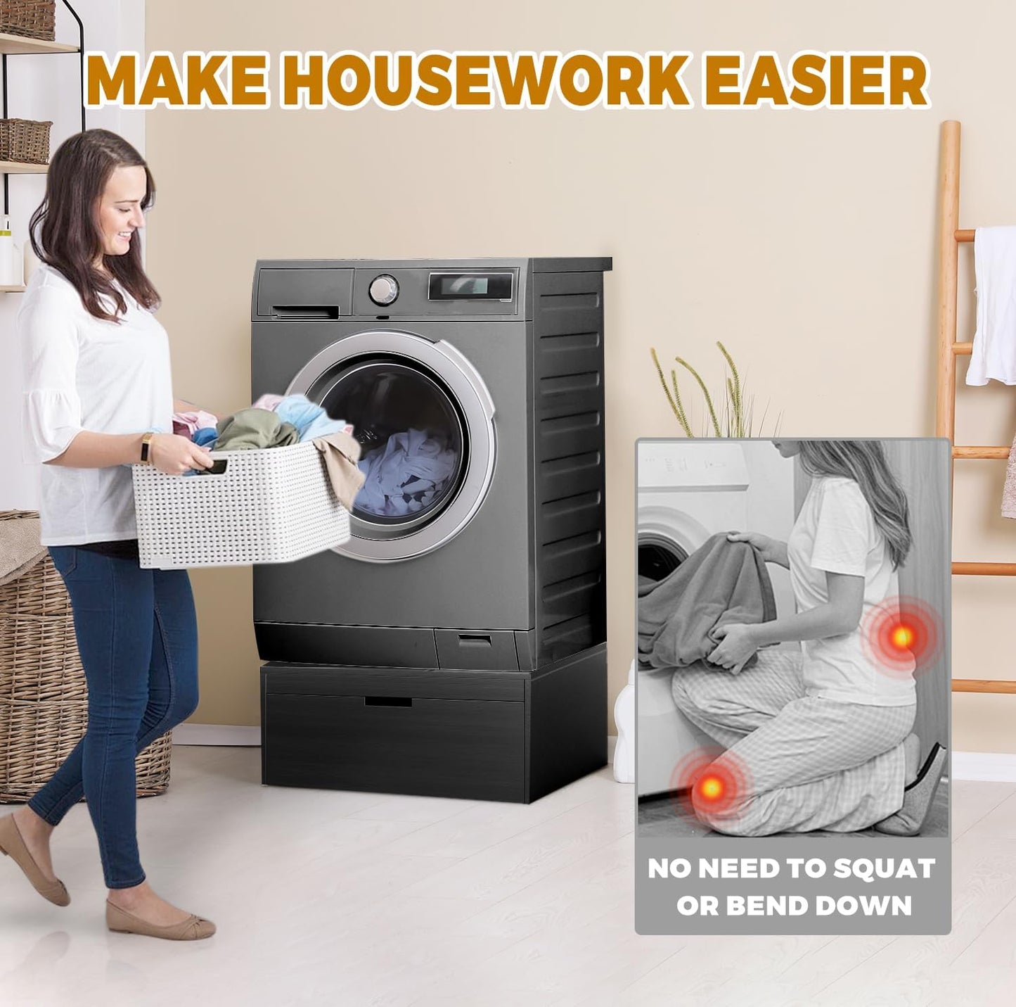 LYASIL Laundry Pedestal, Heavy Duty Wood Washer Dryer Pedestal, 27.5" Universal Washer and Dryer Stand, 500 LBS Capacity (Black)