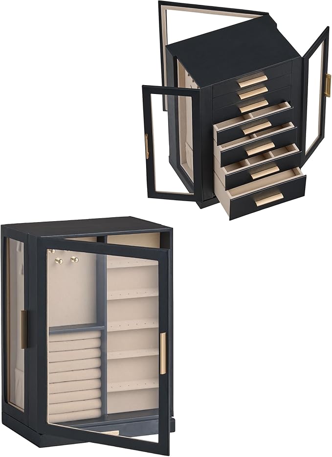 Glimmloop 360ÃÂ° Rotating Jewelry Box with 7 Drawers, Spacious Vertical Jewelry Organizer with Glass Window, Jewelry Storage Case, Dustproof & Moisture-resistant Design, Black