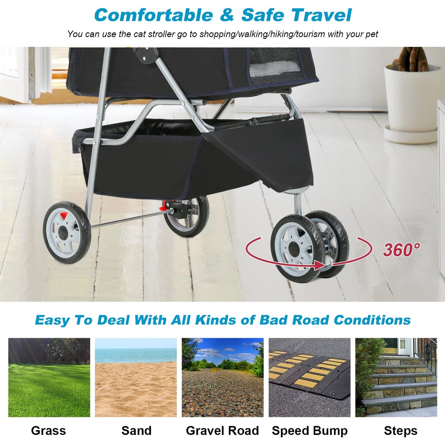 BestPet 3 Wheels Pet Dog Stroller Cat Cage Jogger Stroller Cats Travel Folding Carrier Waterproof with Cup Holder & Removable Liner,Black