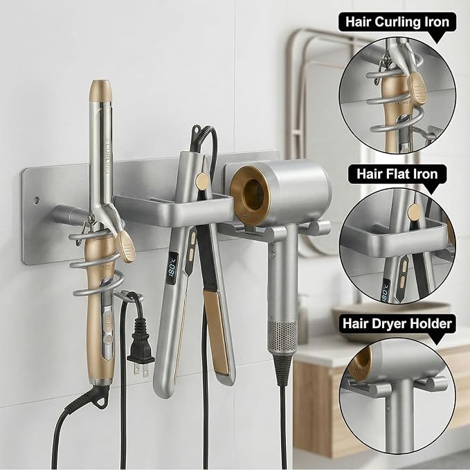 Blow Dryer Holder Wall Mount, 3 in 1 Bathroom Hair Tool Organizer with Curling Iron Holder & Flat Iron Holder, Universal Hair Dryer Holder Rack Storage (Silver)