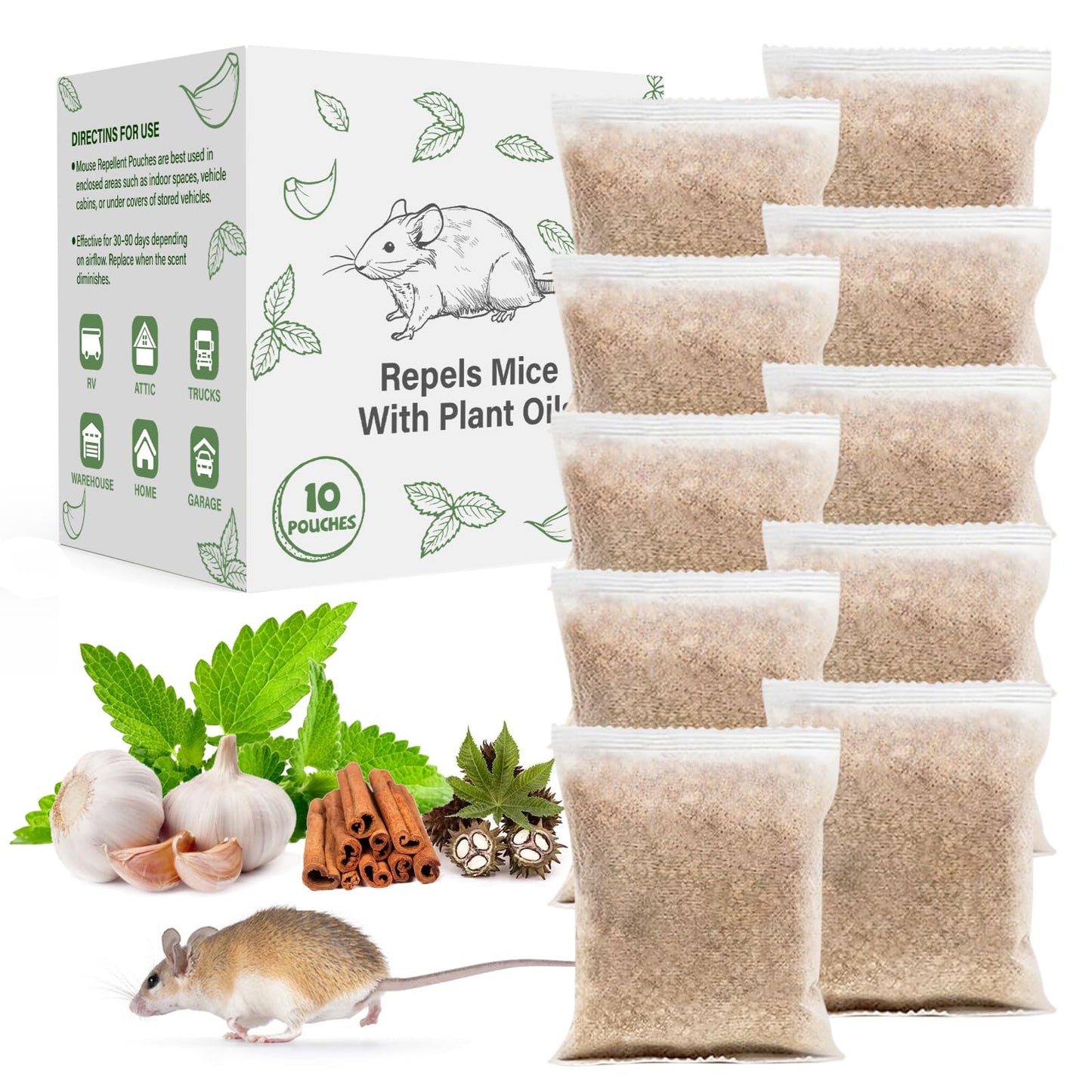 Pest Rodent Repellent Pouches, Peppermint Oil for Mouse, Roach, Ant, Spider, Squirrel, Mice, Rats, Pest Control Indoor Outdoor, Natural Mouse Deterrent Replace Traps Poison Family Pet Safe,10 Pack