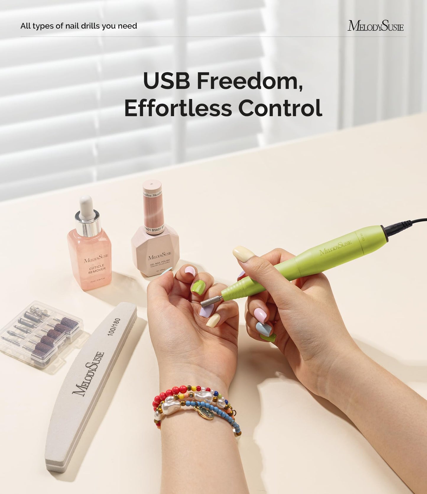 MelodySusie Pen-Shaped Portable USB Nail Drill, PC120I 20000RPM Electric Nail File with Compact Design for All Nail Care, Manicure Polishing, Shaping & Gel Removal at Home for Beginners