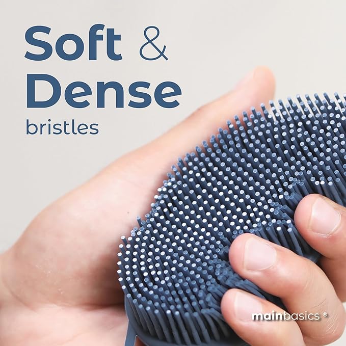MainBasics Silicone Body Scrubber Dual-Sided Shower Loofah and Exfoliator (Dark Blue, Exfoliate)