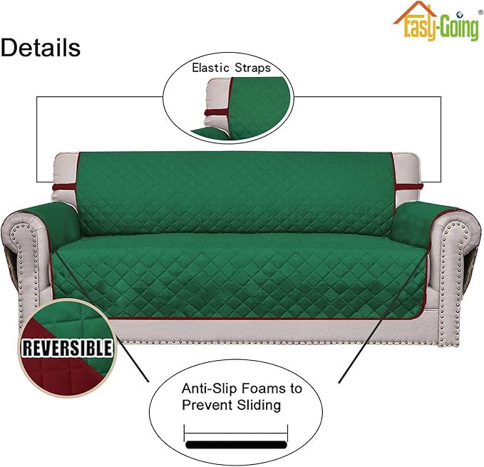 Easy-Going Sofa Slipcover Reversible Loveseat Sofa Cover Couch Cover for 2 Cushion Couch Furniture Protector with Elastic Straps for Pets Kids Dog Cat (Oversized Loveseat, Green/Christmas Red)