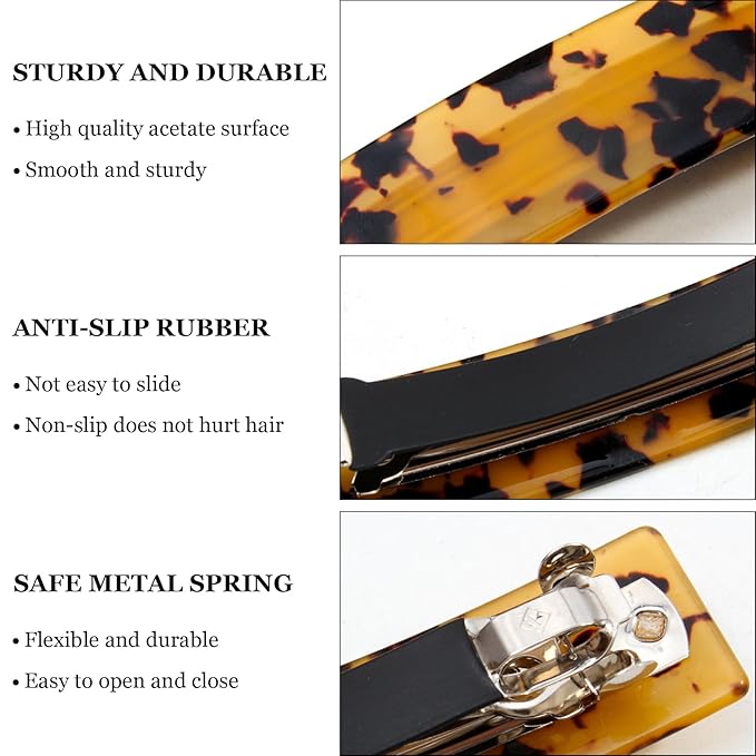 Hair Barrettes for Women - 4.13 Inch Tortoise Shell Acetate Hair Clips, Large French Retro Hair Clasps and Accessories for Thick Hair (3 Pcs)