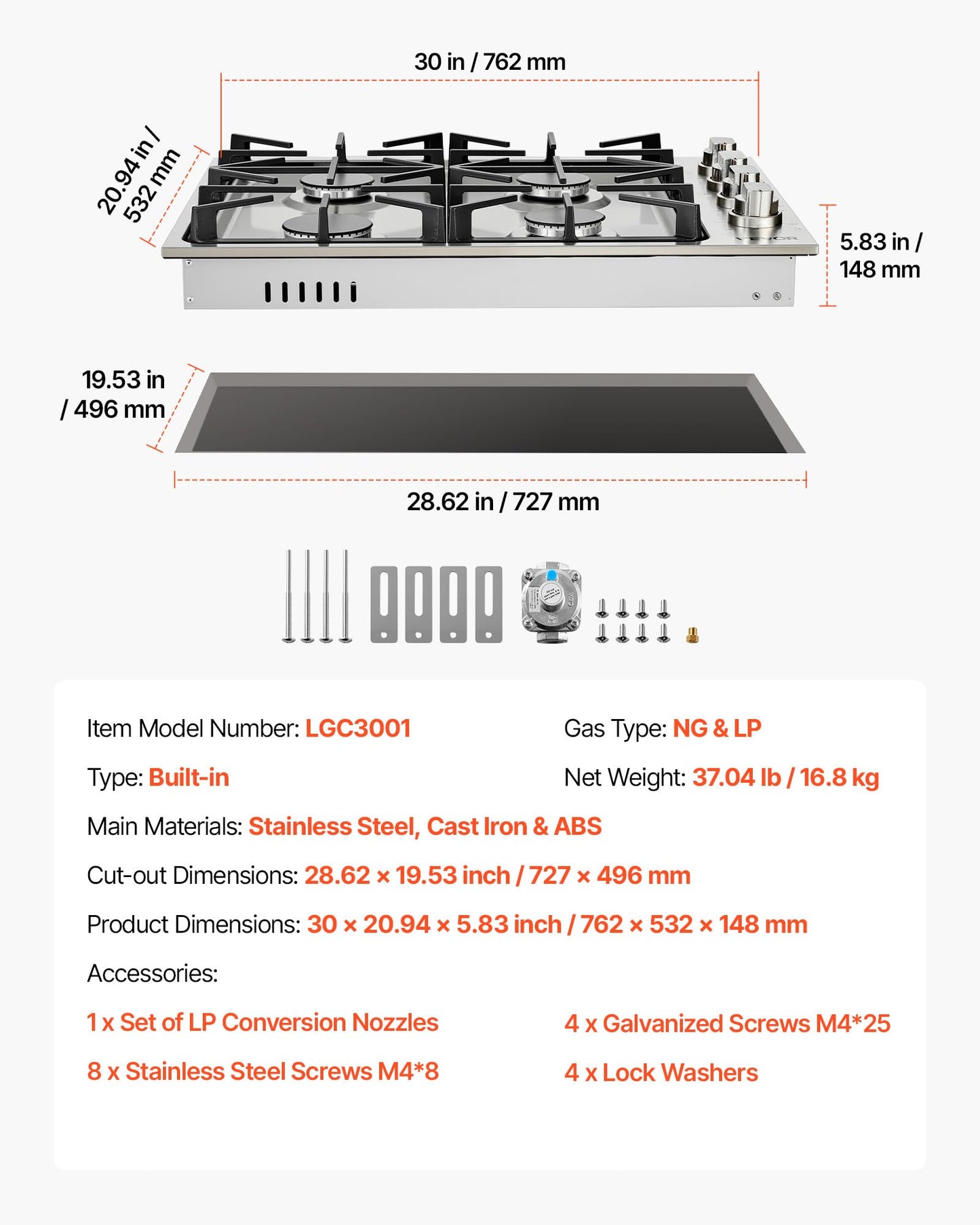 VEVOR Gas Cooktop, 30 inch 4 Burners Gas Stove Top, Max 48000BTU Built-in Stainless Steel Stove Top LPG/NG Convertible Dual Fuel Cooktop Stoves with Sealed Burner for Sear, Stew, Boil, Stir-Fry