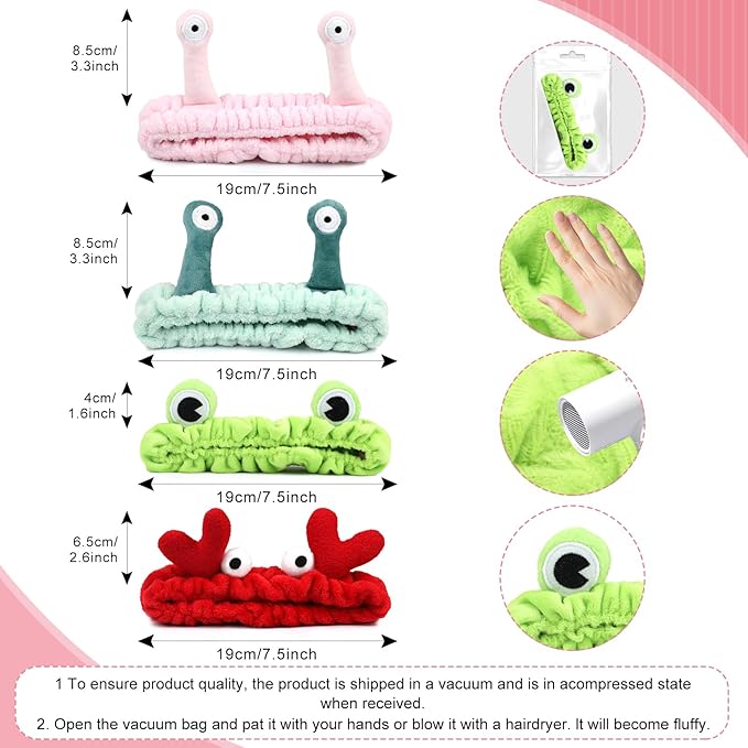 4 Pack Face Wash Headband Facial Makeup Skincare Headbands, Elastic Coral Fleece Spa Hairband for Washing Face, Cartoon Fun Frog Snail Crab Hair Accessories