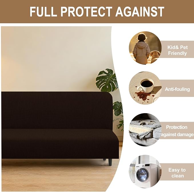 U-NICE HOME Stretch Futon Cover Armless Bed Slipcover - Soft Jacquard Fabric Washable for Pet Friendly, Chocolate
