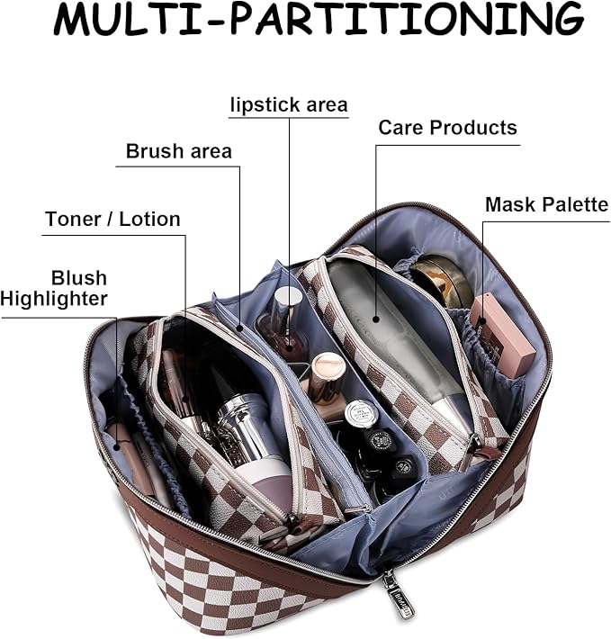 BOYATU Travel Makeup Bag Organizer Cosmetic Bag: 3 Pcs Set Make up Bags for Women with Handle - Waterproof Vegan Leather Toiletry Bag (01-G-Coffee)