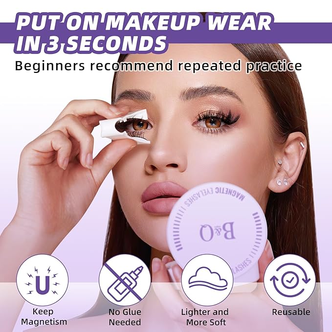 B&Qaugen Reusable Magnetic Eyelashes Natural Look False Eyelashes with Applicator Easy to Wear and Remove Glue-Free Pestañas Magnéticas(CX02)
