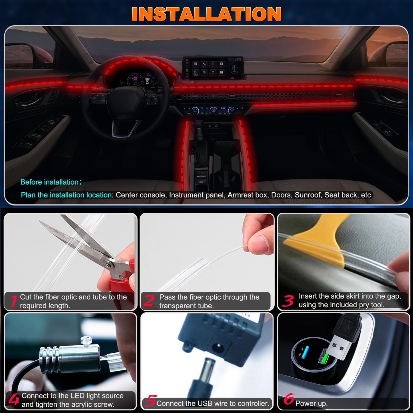Jushope Interior Car LED Strip Lights with Wireless APP and Remote Control, RGB 5 in 1 Ambient Lighting Kits with 236 inches Fiber Optic, 16 Million Colors Car Neon Lights, Sync to Music