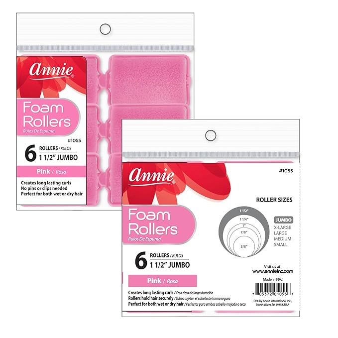 Annie Foam Hair Rollers Jumbo, 6 Count Pink Soft Sponge Curlers for Heatless Curls & Waves, No Pins or Clips Needed, For Wet or Dry Hair, Comfortable Overnight Set