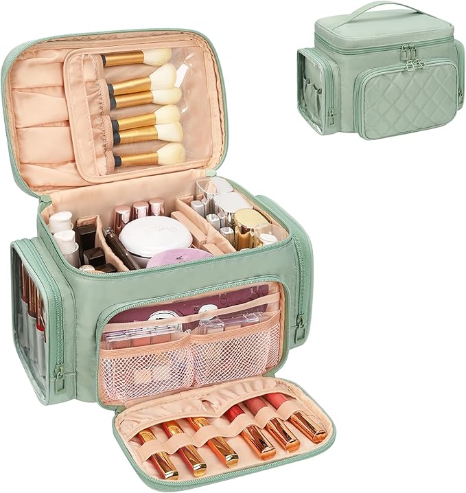 Bagmoly Large Makeup Bag, Portable Travel Makeup Bag Organizer for Women Girls with Makeup Brush Compartment & Two Side Pockets, Cosmetic Travel Bag Vertical Storage Toiletry - Green