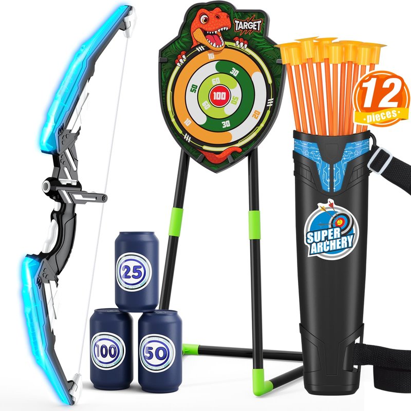 HYES Bow and Arrow for Kids, LED Light Up Archery Set with 12 Suction Cup Arrows, 1 Standing Target, 3 Score Targets & 1 Quiver, Indoor Outdoor Sport Gifts for Boys Girls Ages 4-12, Blue