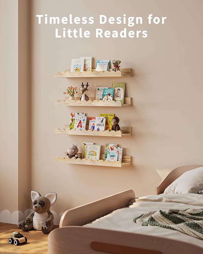 Shario Nursery Book Shelves, 4-Pack Wood Floating Shelves for Wall Kids, Scalloped Shelves, Wall Book Shelves for Bedroom Kids, Toddler Room, Baby Room, Nursery Decor(Wood, 16.5 Inches)