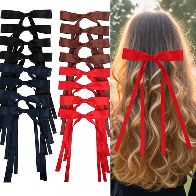 Hair Bows Clips Coquette Ribbon Bowknot with Long Tail Princess Hair Bows French Barrettes Hair Accessories for Women Girls 16PCS (Red, Brown, Dark Blue, Black)