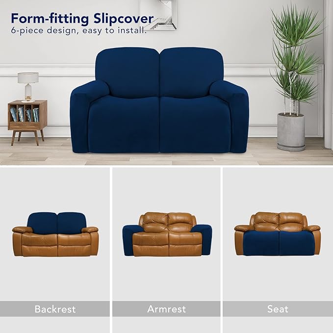 PureFit Super Stretch Loveseat Recliner Sofa Couch Cover with Pocket – 2 Seats Non Slip Soft Sofa Slipcover, Washable Reclining Furniture Protector for Kids, Pets (Recliner Loveseat, Navy)
