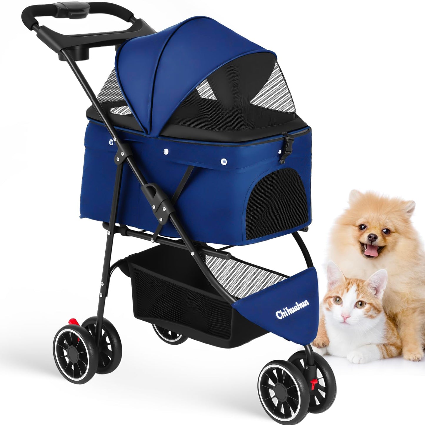 Pet Stroller,Dog Stroller for Small Medium Dogs Cats,3 Wheels,Foldable,with Breathable Mesh Canopy,Cup Holders,Easy Assembly,Navy Blue