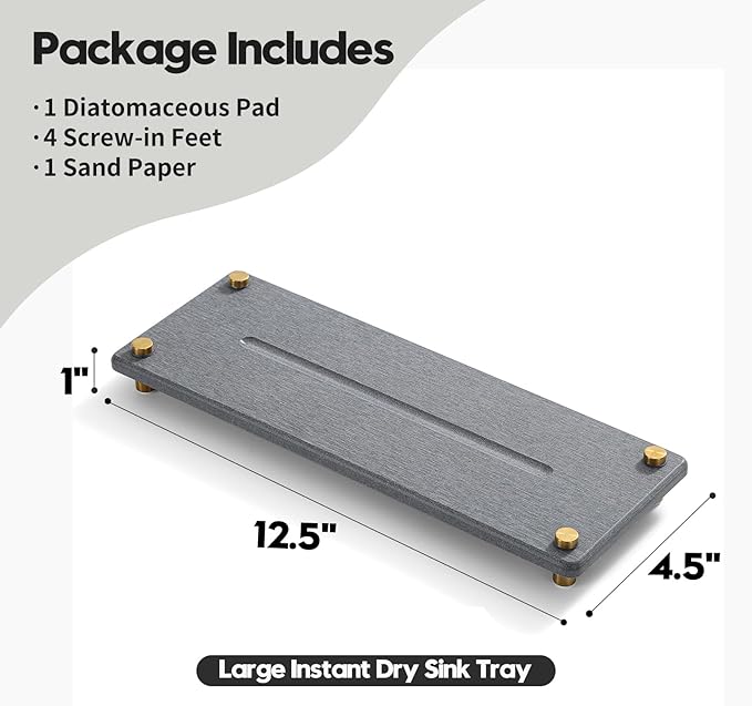 Kitchen Sink Caddy Water Absorbing Stone Drying Tray, Diatomite Bathroom Sink Organizer, Faucet Counter Mat Coaster, Soap Dish Rack Riser Dispenser Sponge Holder, Dark Gray Gold -12.5" x 4.5"