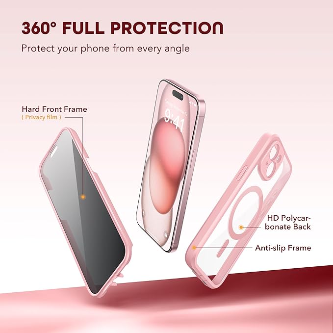 Magnetic for iPhone 15 Plus Case, Compatible with MagSafe, Built-in Privacy Screen Protector and Camera Protection, Anti Spy Full Body Dustproof Shockproof Hard Phone Case 6.7", Pink