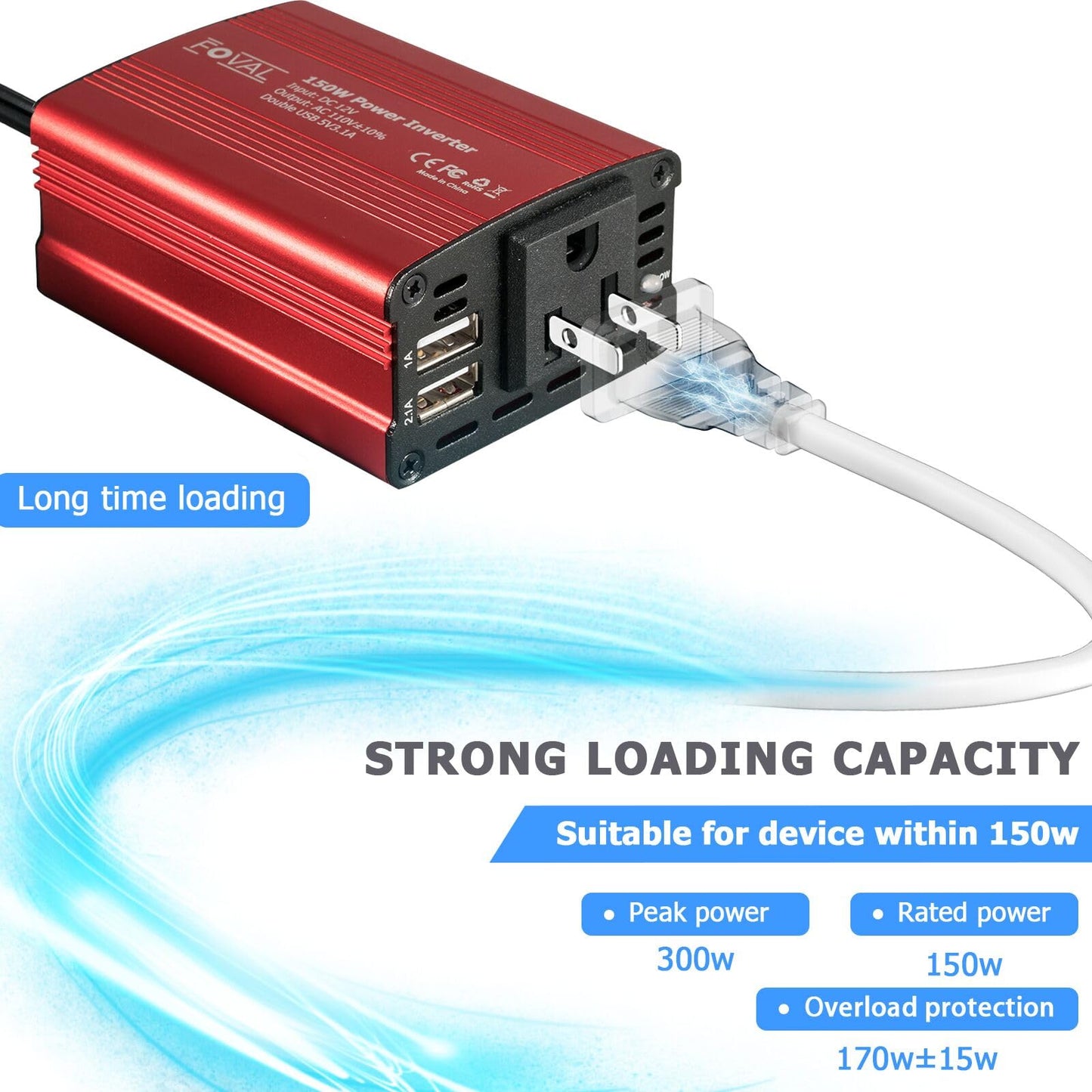 FOVAL 150W Car Power Inverter 12V DC to 110V AC Converter Vehicle Adapter Plug Outlet with 3.1A Dual USB Car Charger for Laptop Computer (Classic Blue)