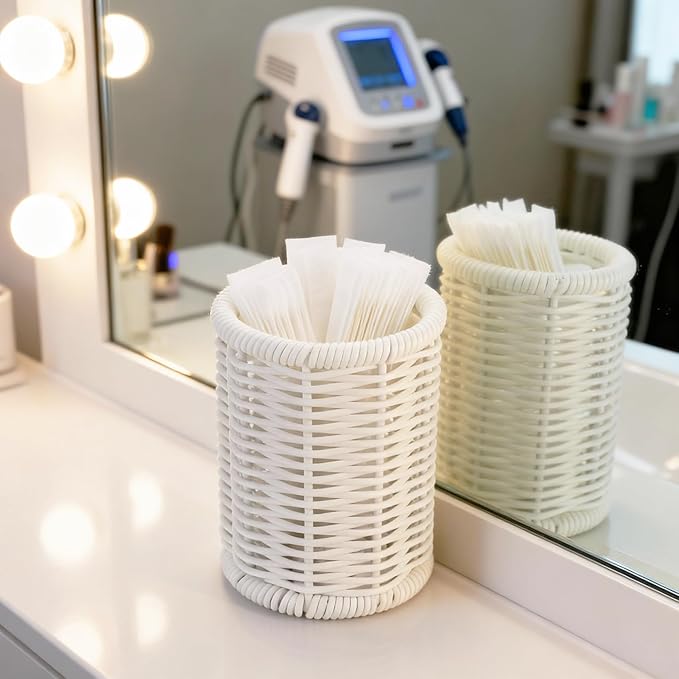 Rattan Jars, Car Storage Box, 4.13" x 4.92" Bathroom Essentials Accessories Decor, Round Vanity Storage Organizers, for Hair Accessories, Cotton Pads, Cotton Ball, Cosmetics, White (DP054)