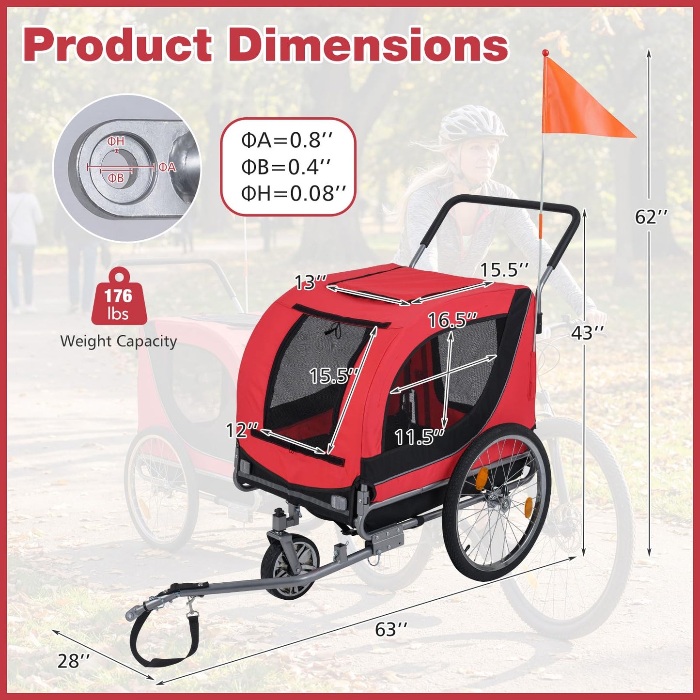 Giantex 2-in-1 Dog Bike Trailer & Pet Stroller for Large Dogs – Foldable Pet Carrier Cart with Front Caster & 2 Air-Filled Tires, Breathable Mesh, PVC Rain Cover, 176 lbs Capacity (Red)