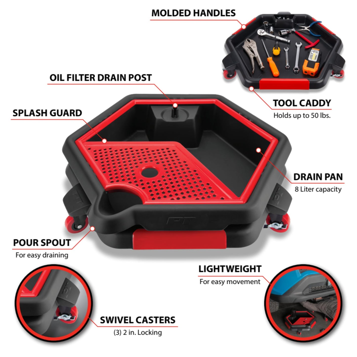 Performance Tool W4074 2 in 1 Drain Pan and Tool Caddy - Conveniently Collects Oil and Organizes Tools for Automotive Repairs
