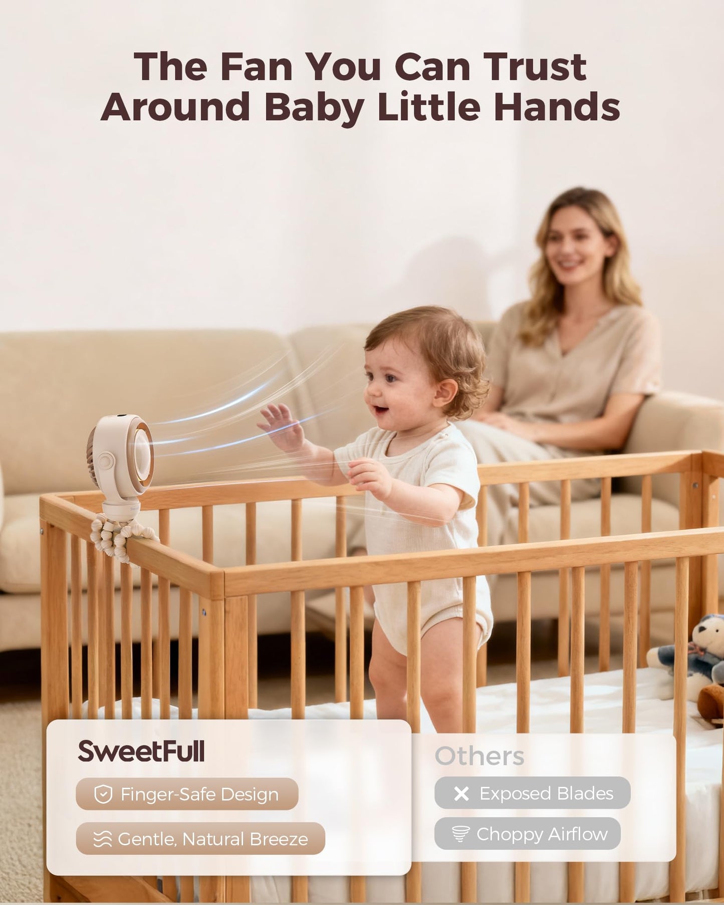 SWEETFULL Baby Stroller Fan - 4000mAh Rechargeable 4-Speed Quiet with LED Display & Night Light, Mini Portable 360° Clip On Safe Fan for Car Seat, Crib, Travel - Brown