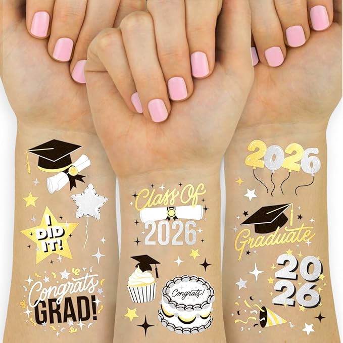 xo, Fetti 2026 Graduation Temporary Tattoos - 48 Foil Styles | New Grad Party Decorations, College Graduate Girls Accessory, High School Senior Gift, Graduation Cap Tassel Decor, Congrats Grad Favor