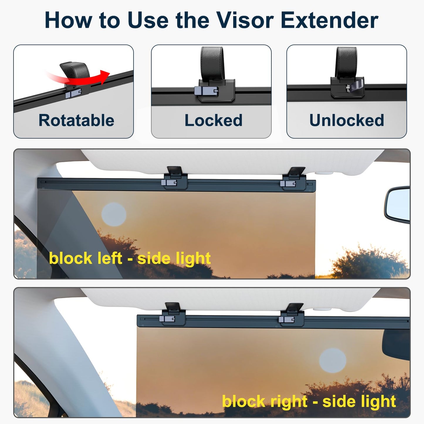 Sun Visor Extender for Car, Visor Extender Attachment for Car, Adjustable Visor Extender Sun Blocker UV400, Polarized Sun Visor Extender, Anti-Glare, UV Protector (2 Pack, Large)