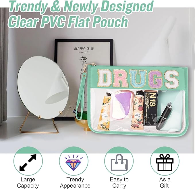 Chenille Letter Clear Bag Drugs Purse, Monogram PVC & PU Clear Zipper Pouch with Wristlet, Waterproof Portable Glitter Snacks Makeup Beach Toiletry Bag for Women Girls (DRUGS-Green)